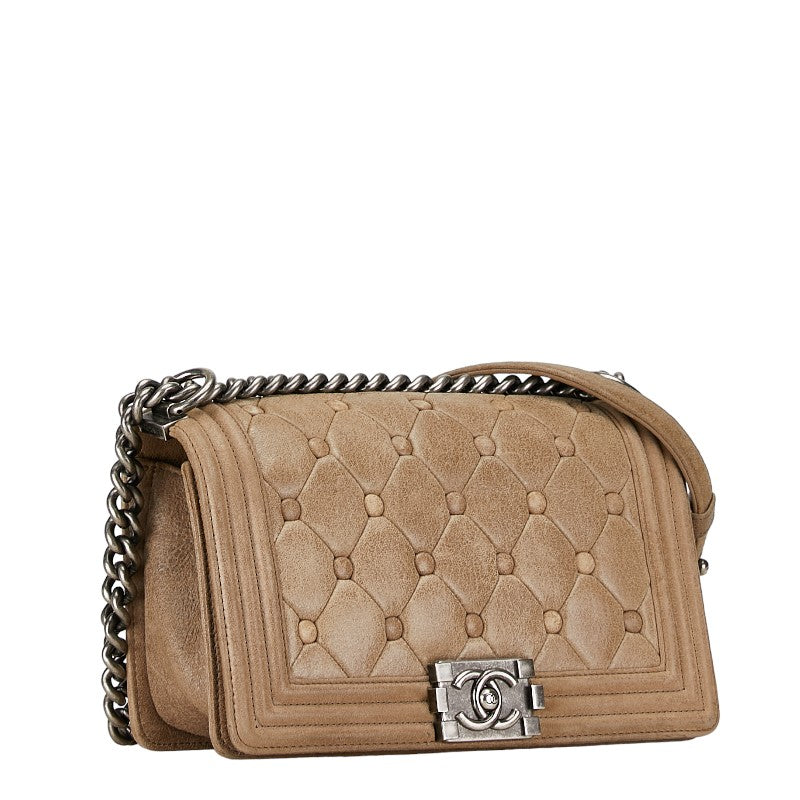 Chanel Boy Chain Shoulder Bag Beige Leather