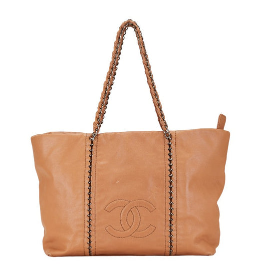 Chanel Leather Coco Mark Tote Bag Beige Brown