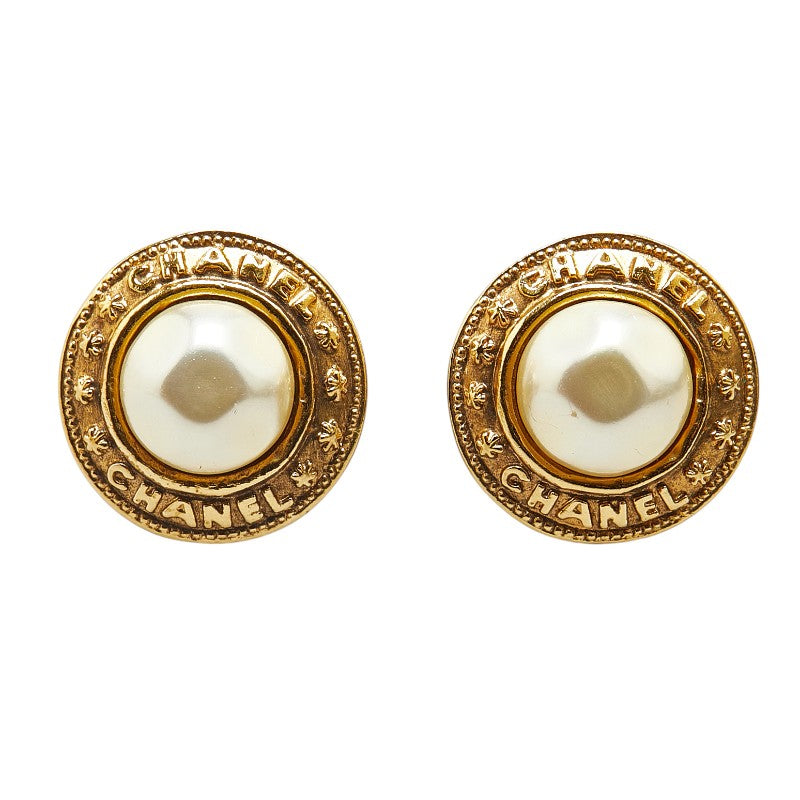 Chanel Logo Earrings Gold Plated Faux Pearl