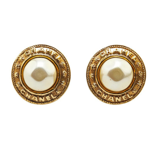 Chanel Logo Earrings Gold Plated Faux Pearl