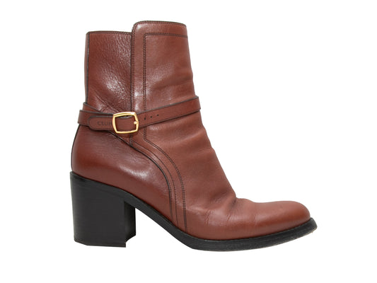 Brown Celine Leather Buckle Ankle Boots Size 39