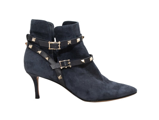 Navy Valentino Suede Rockstud Heeled Ankle Boots Size 40.5