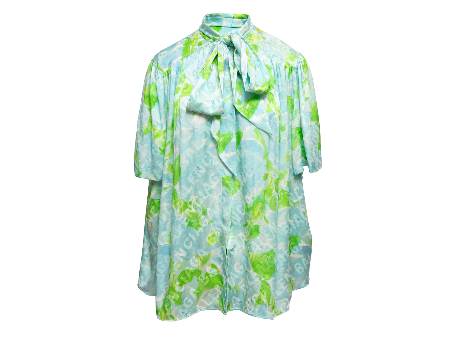 Light Blue & Green Balenciaga 2019 Silk Logo Print Top Size EU 38