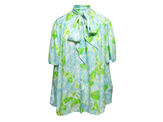 Light Blue & Green Balenciaga 2019 Silk Logo Print Top Size EU 38