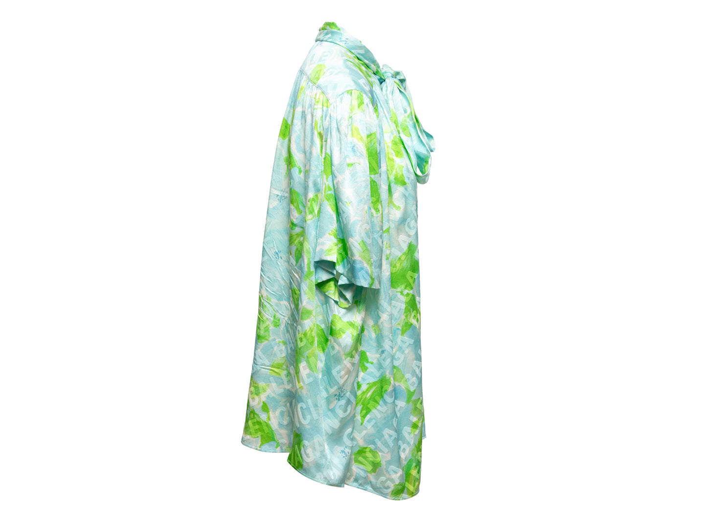 Light Blue & Green Balenciaga 2019 Silk Logo Print Top Size EU 38