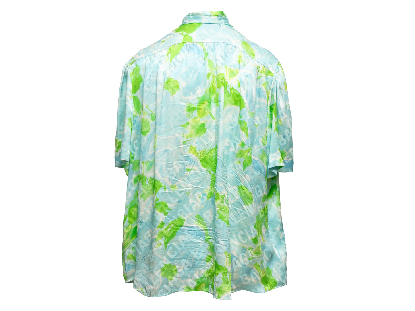 Light Blue & Green Balenciaga 2019 Silk Logo Print Top Size EU 38