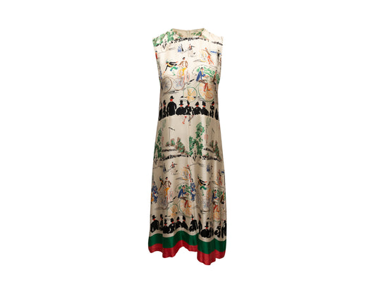 Beige & Multicolor Celine Silk Printed Sleeveless Dress Size FR 38