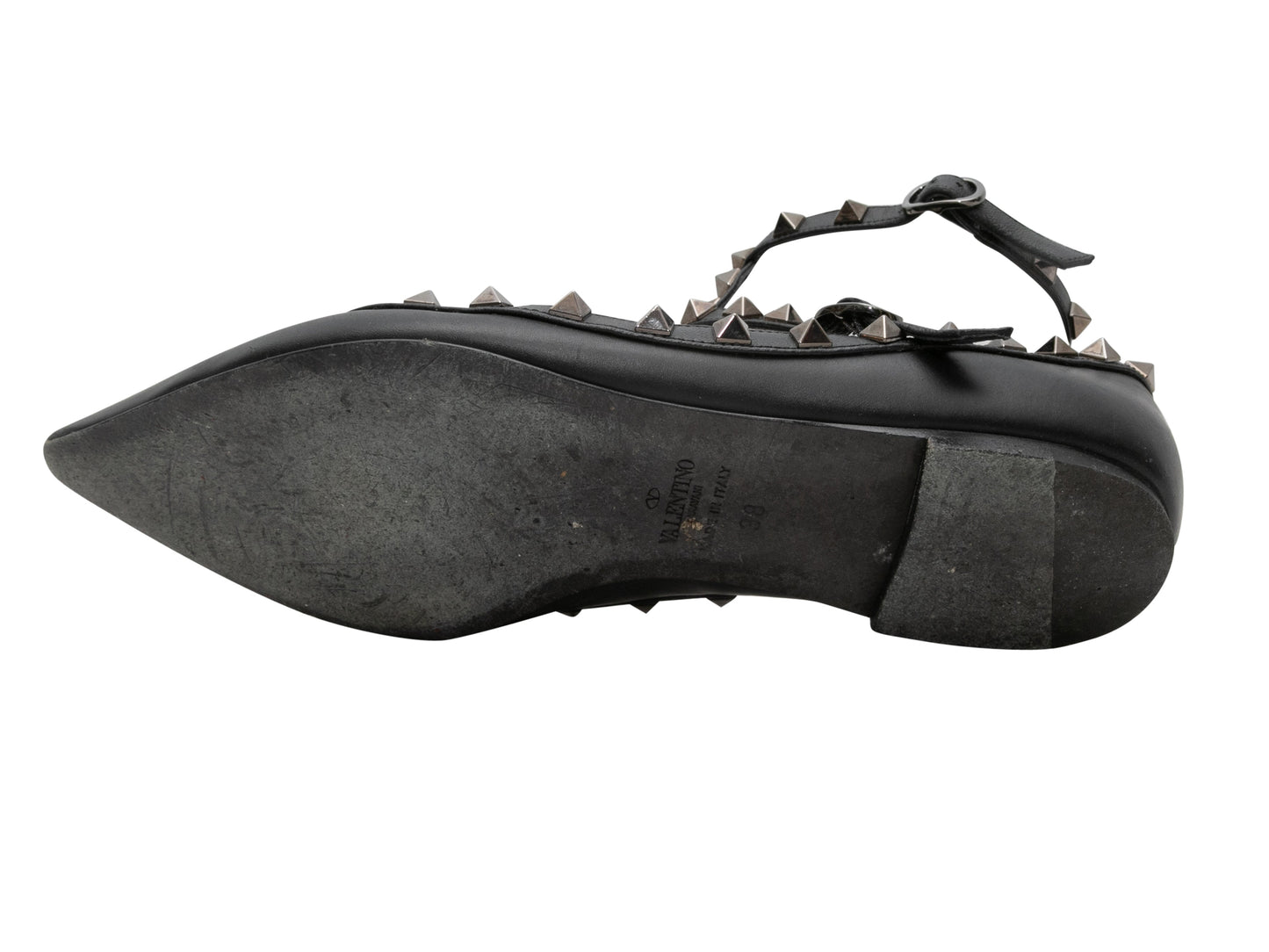 Black Valentino Pointed-Toe Leather Rockstud Flats Size 38