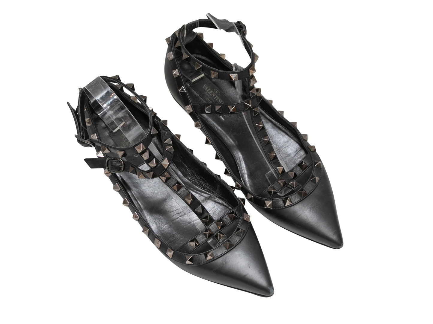 Black Valentino Pointed-Toe Leather Rockstud Flats Size 38