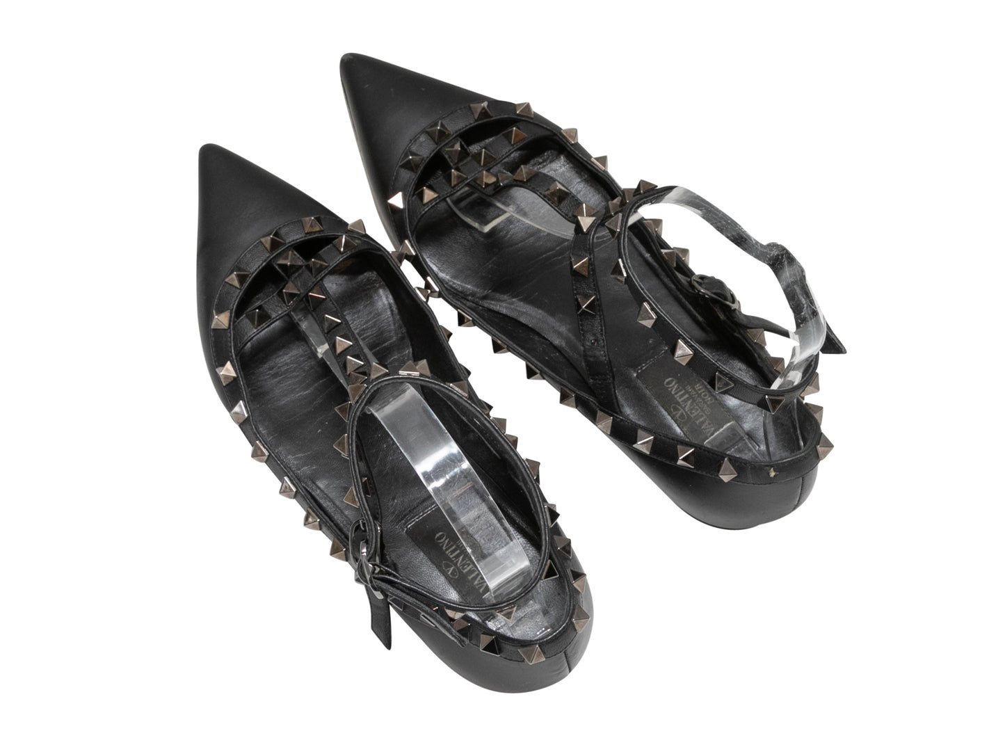 Black Valentino Pointed-Toe Leather Rockstud Flats Size 38