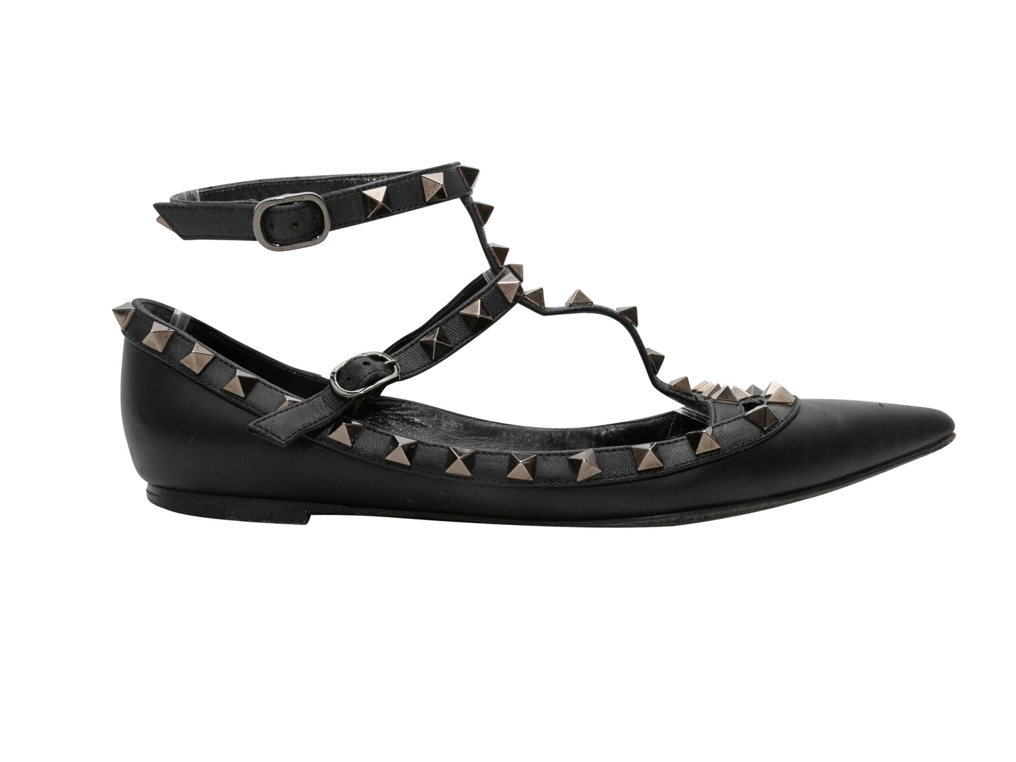 Black Valentino Pointed-Toe Leather Rockstud Flats Size 38