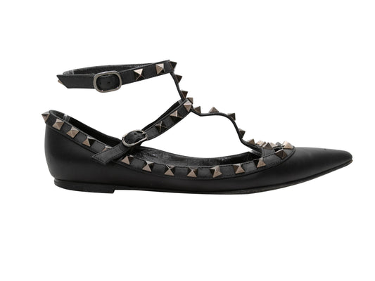 Black Valentino Pointed-Toe Leather Rockstud Flats Size 38