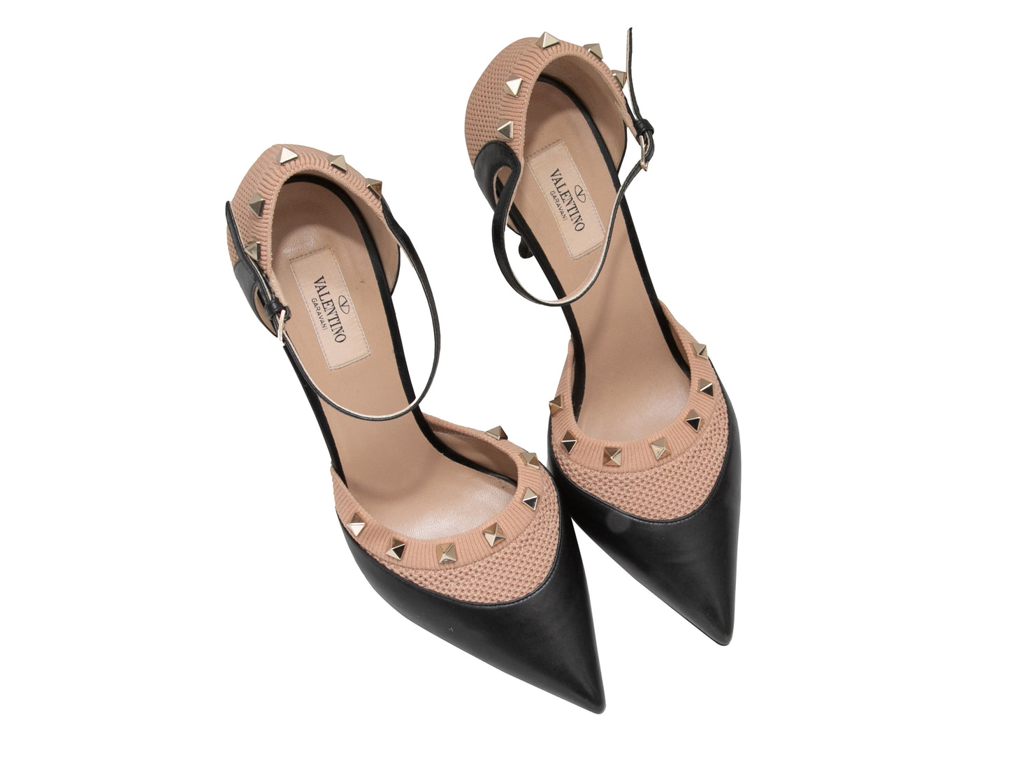 Black & Tan Valentino Pointed-Toe Rockstud Ankle Strap Pumps Size 40