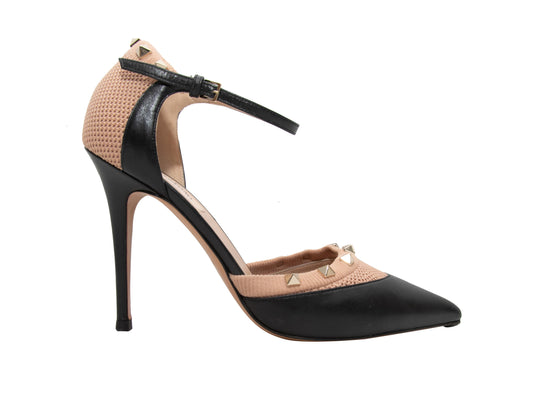 Black & Tan Valentino Pointed-Toe Rockstud Ankle Strap Pumps Size 40