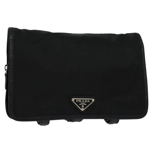 PRADA Clutch Bag Nylon Leather Black Silver  113740