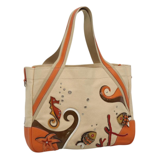 PRADA Tote Bag Canvas Leather Beige Orange Silver  113768