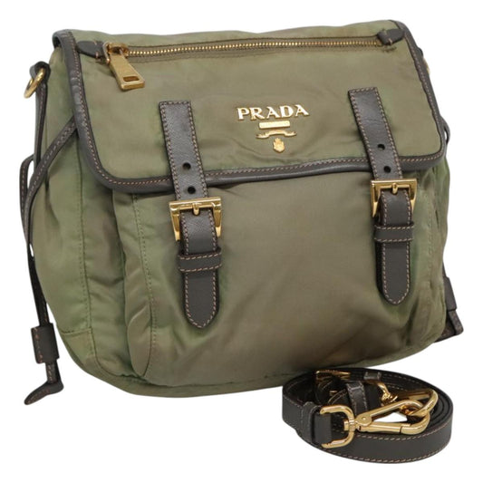 PRADA Shoulder Bag Nylon Leather Green Gray gold  113984