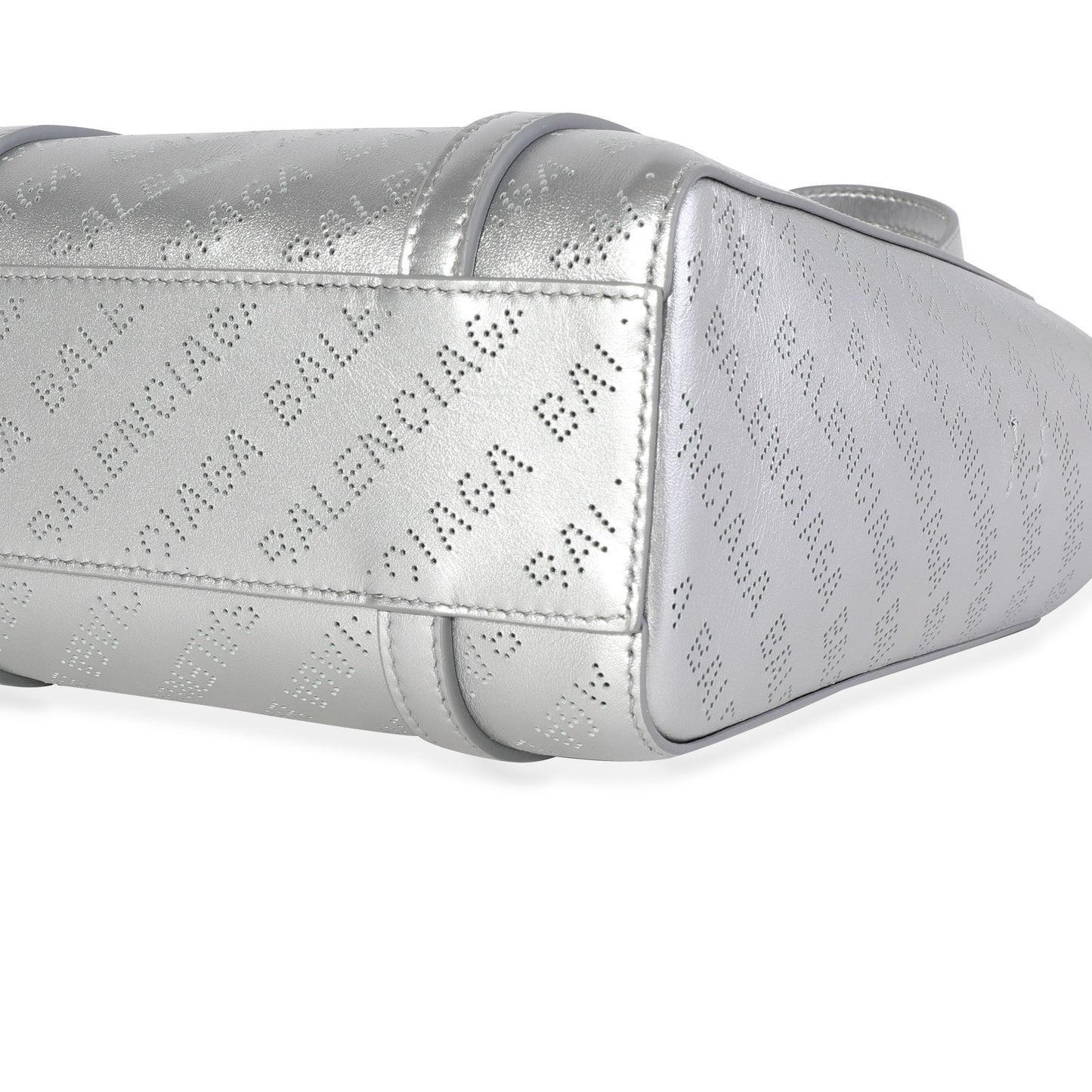 BALENCIAGA New Silver Calfskin Logo Perforated XXS Everyday Tote