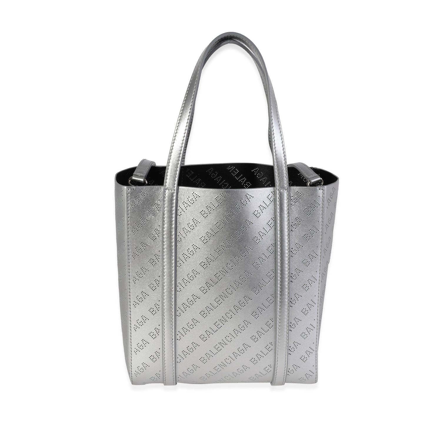 BALENCIAGA New Silver Calfskin Logo Perforated XXS Everyday Tote