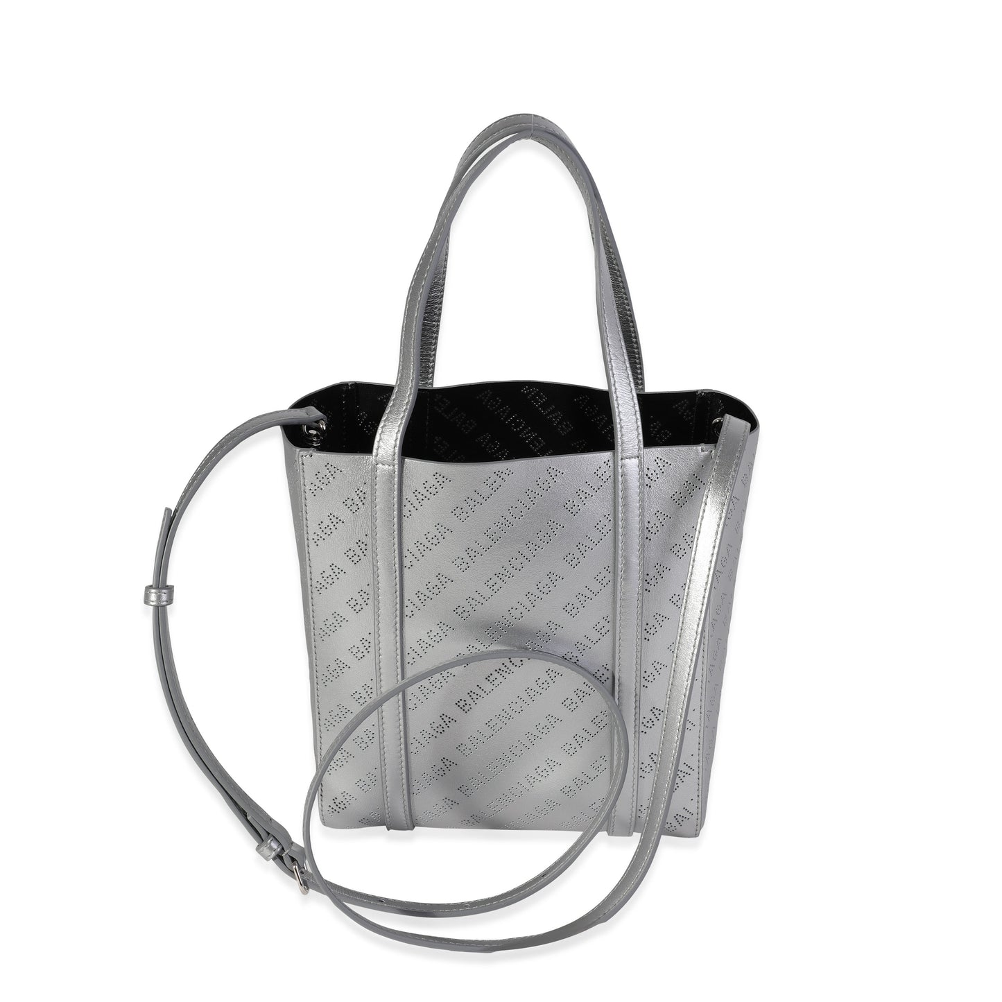 BALENCIAGA New Silver Calfskin Logo Perforated XXS Everyday Tote