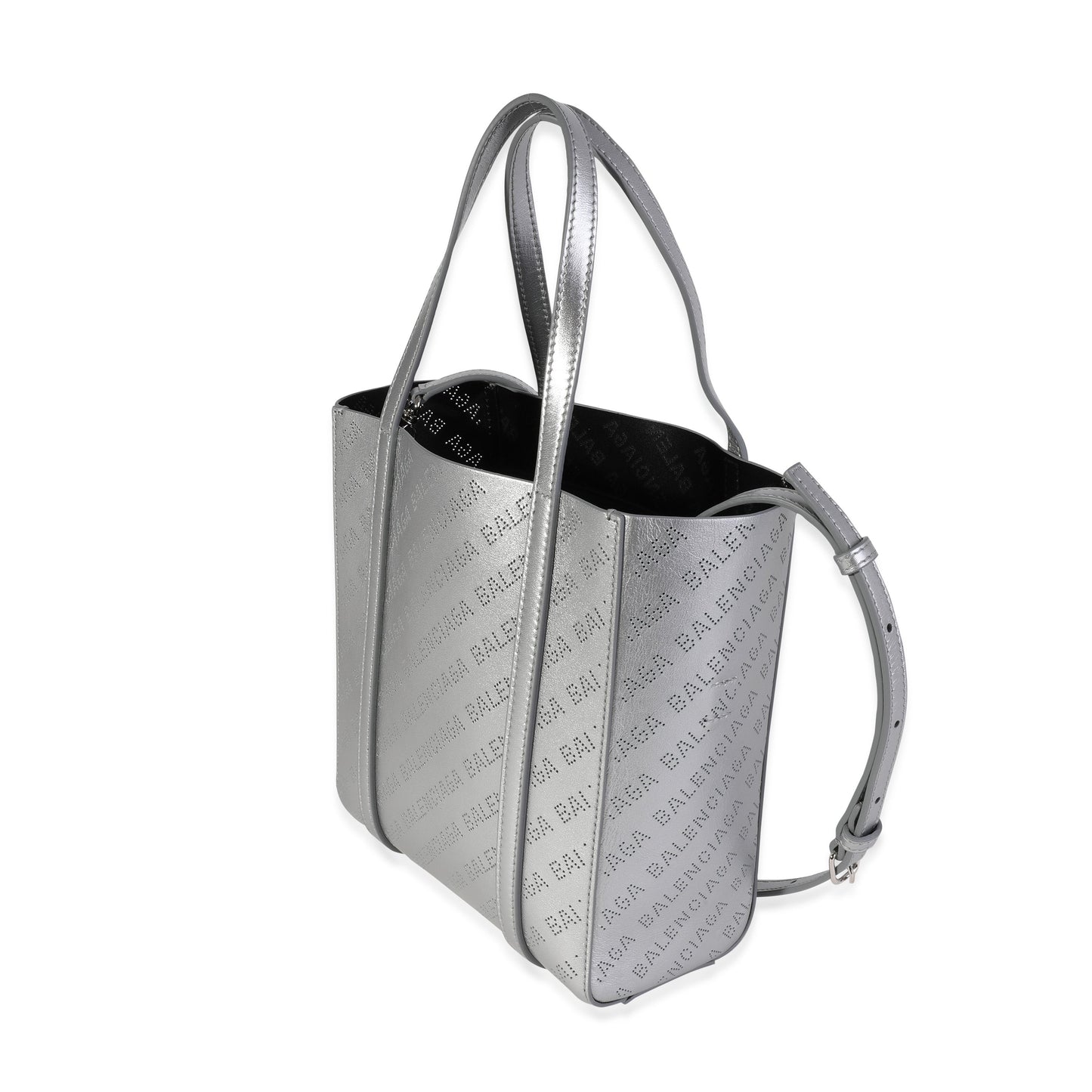 BALENCIAGA New Silver Calfskin Logo Perforated XXS Everyday Tote