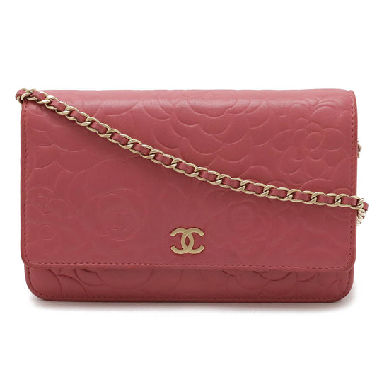 Chanel Camellia Chain Wallet Shoulder Bag Lambskin Leather Pink