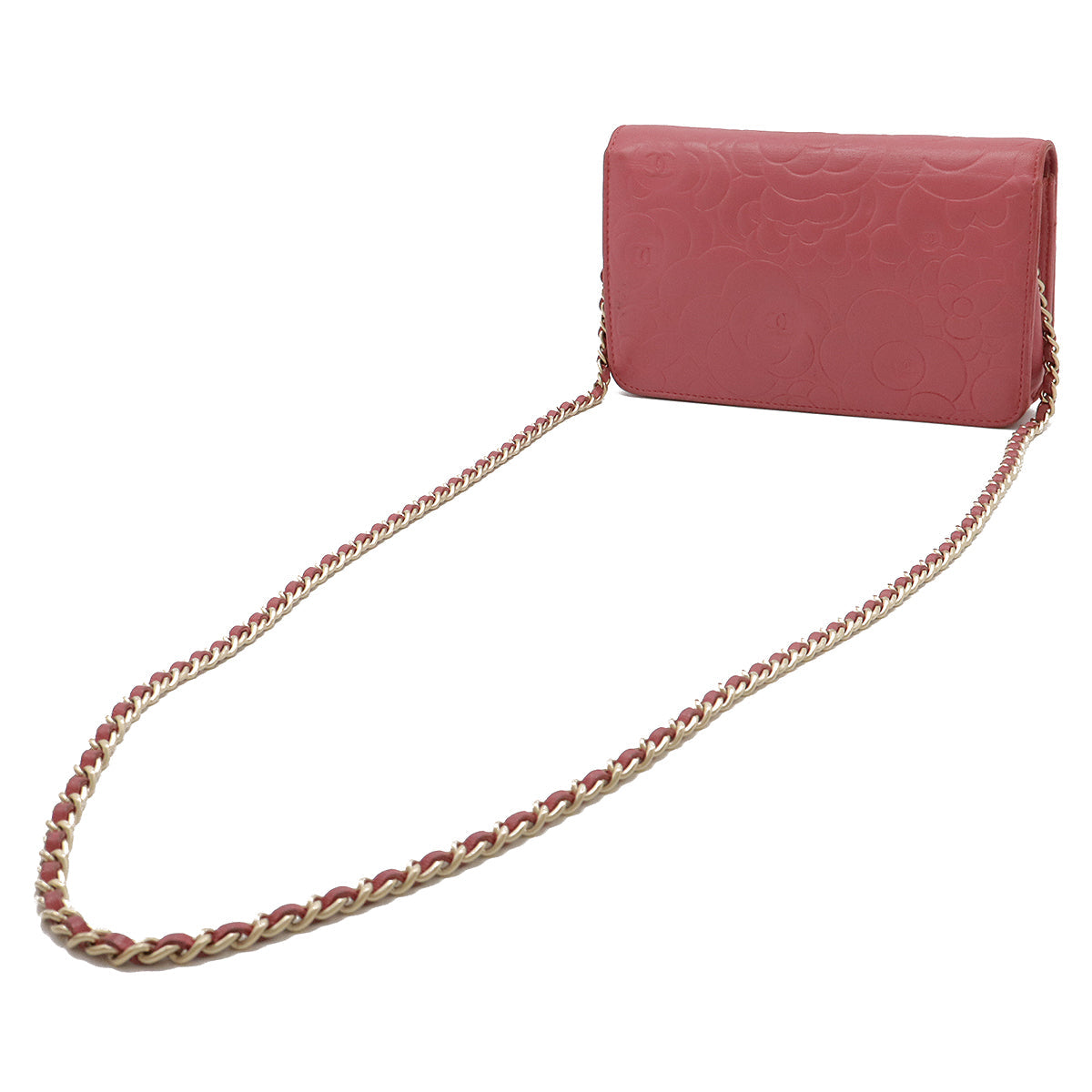 Chanel Camellia Chain Wallet Shoulder Bag Lambskin Leather Pink
