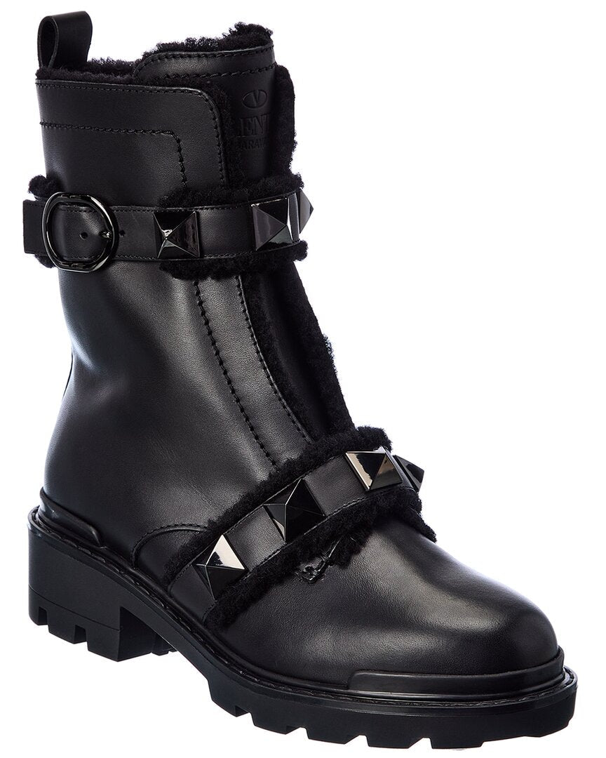 Valentino Roman Stud 40 Leather Combat Boot 40 Black