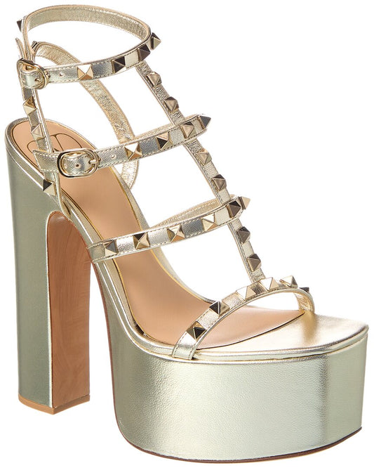 Valentino Rockstud Caged 155 Leather Ankle Strap Platform Sandal Gold