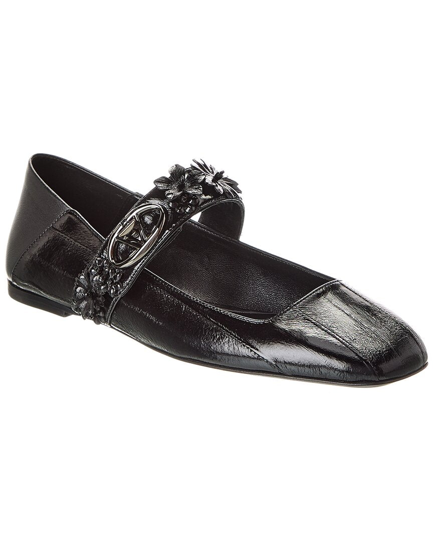 Valentino Floral Applique Leather Ballerina Flat Black