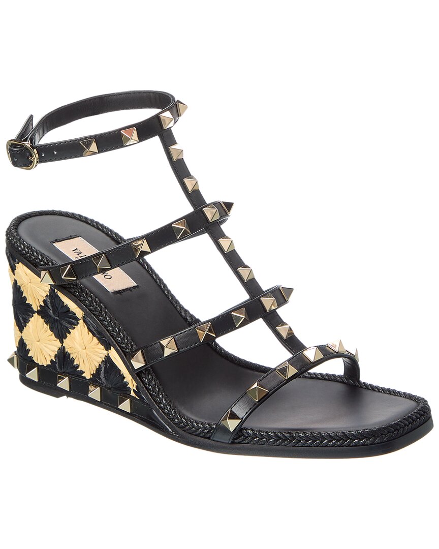 Valentino Rockstud Caged 90 Leather Ankle Strap Wedge Sandal Black