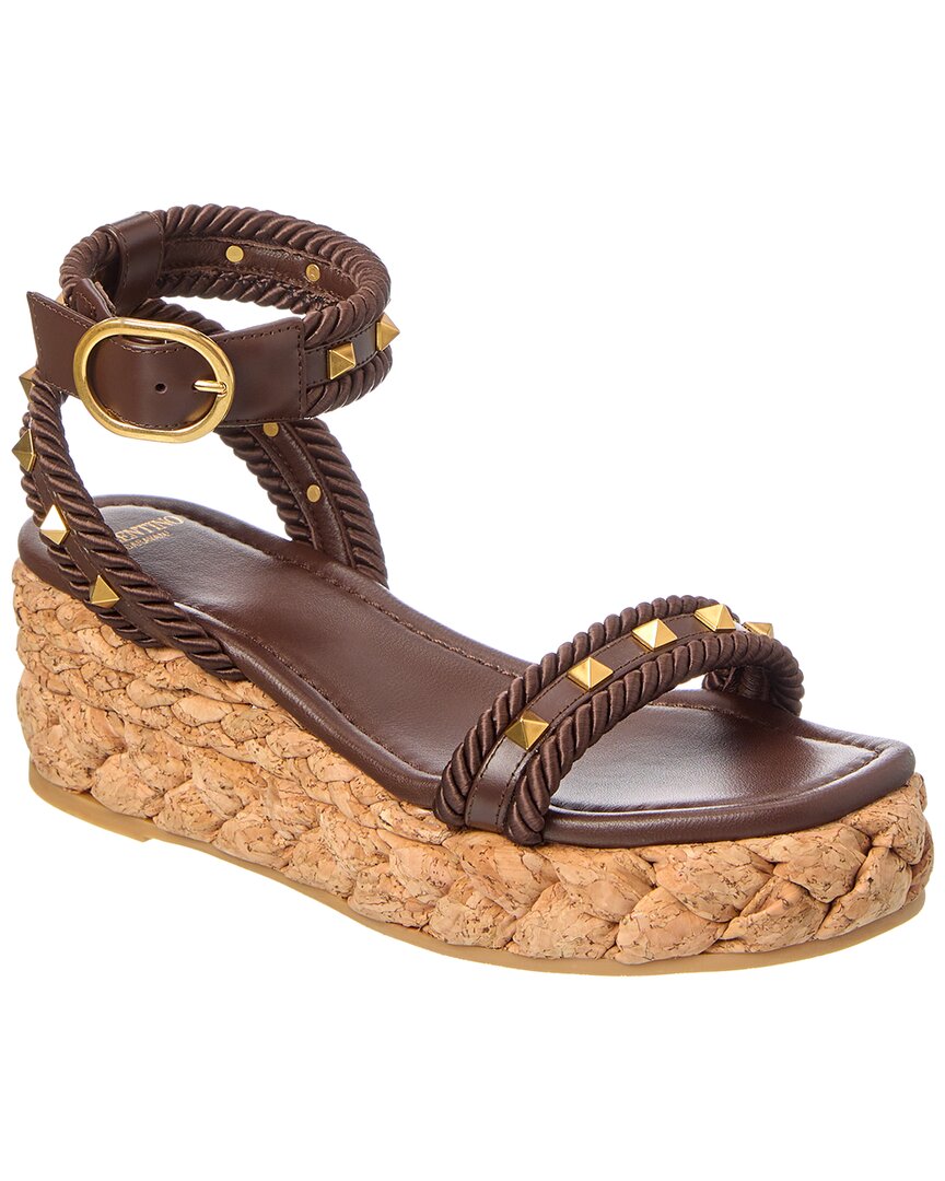 Valentino Rockstud 60 Leather Espadrille Brown Multi