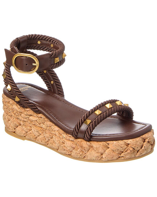 Valentino Rockstud 60 Leather Espadrille Brown Multi