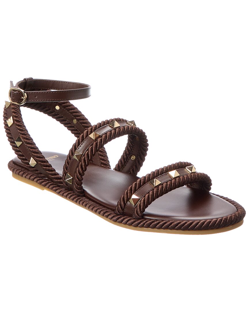 Valentino Rockstud Rope & Leather Sandal Brown Multi