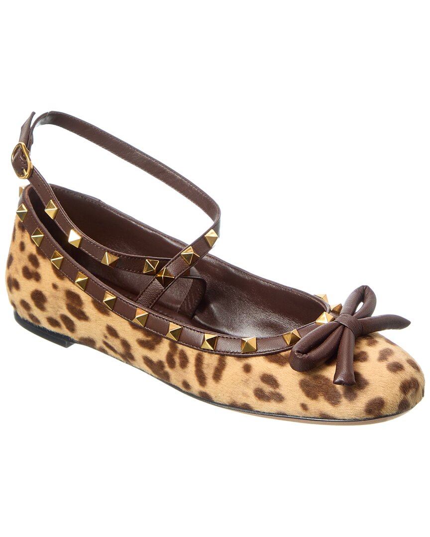 Valentino Rockstud Bow Haircalf & Leather Flat Brown Multi