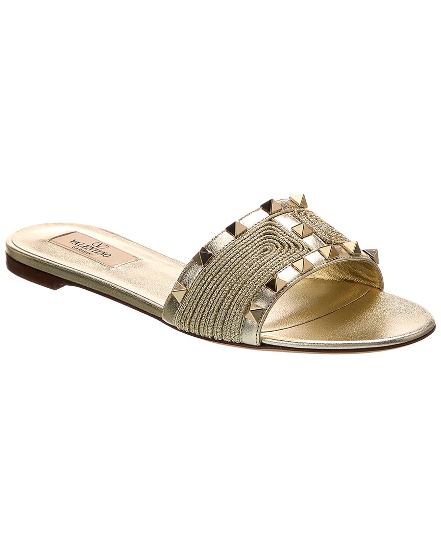 Valentino Rockstud Woven & Leather Sandal Gold