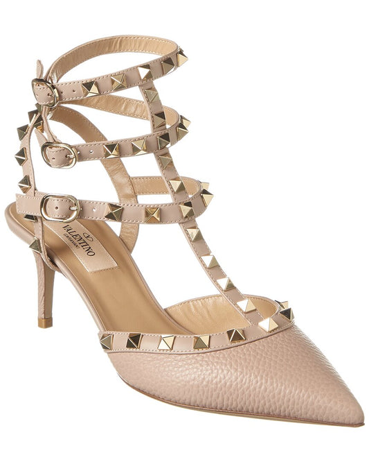 Valentino Rockstud Caged 65 Grainy Leather Ankle Strap Pump Beige