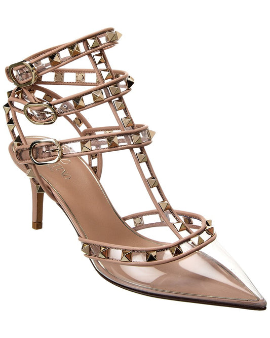 Valentino Rockstud Caged 65 Leather & Vinyl Ankle Strap Pump Brown Multi