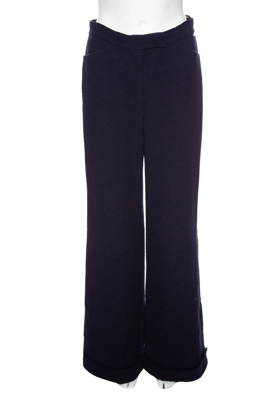Chanel Navy Wool Straight Leg Cuffed Hem Pant SZ 38