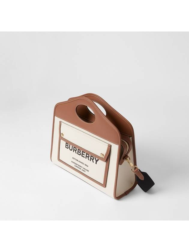 Burberry Small Two-tone Canvas Leather Pocket Tote Bag Natural Malt Brown