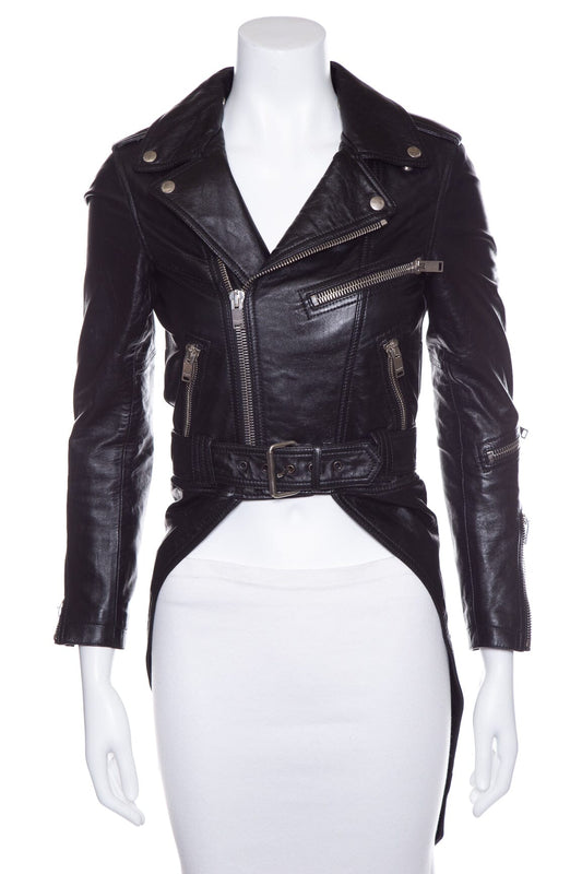 Saint Laurent Black Leather High Low Jacket SZ 34