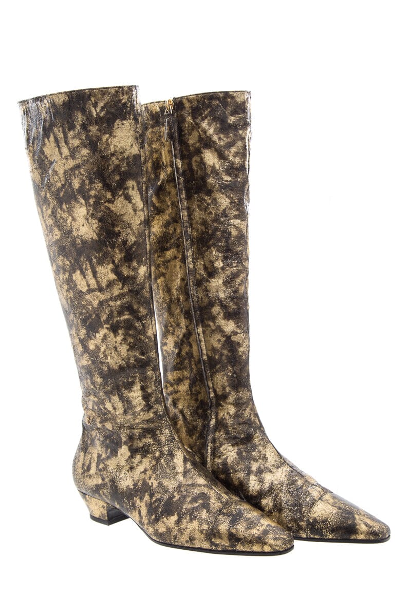 Chanel Gold & Black Leather Knee High Boots SZ 40