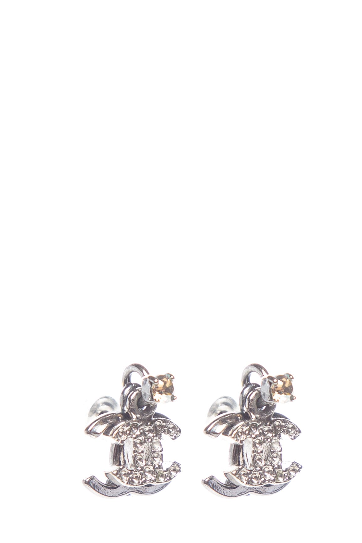 Chanel Silver Interlocking CC Rhinestone Logo Earrings