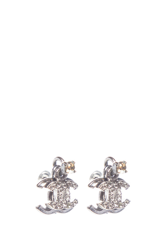 Chanel Silver Interlocking CC Rhinestone Logo Earrings