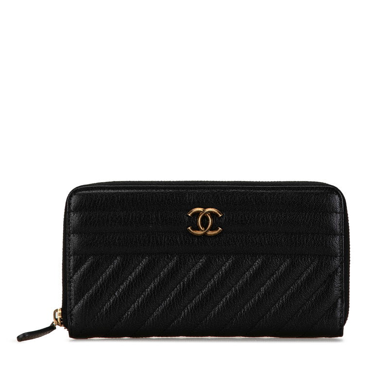 Chanel Coco Mark Stripe Long Wallet Black