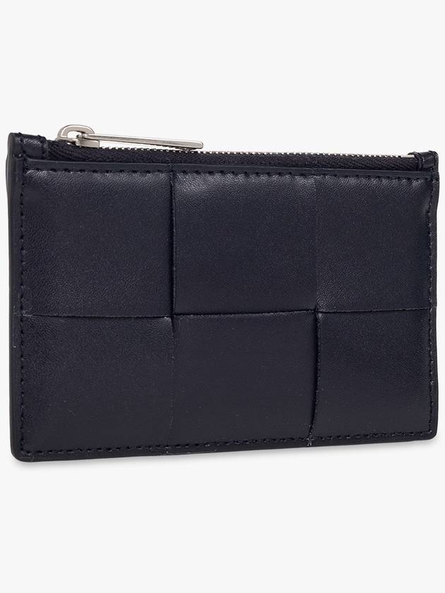 Bottega Veneta Intrecciato Leather Silver Zipper Card Wallet Navy