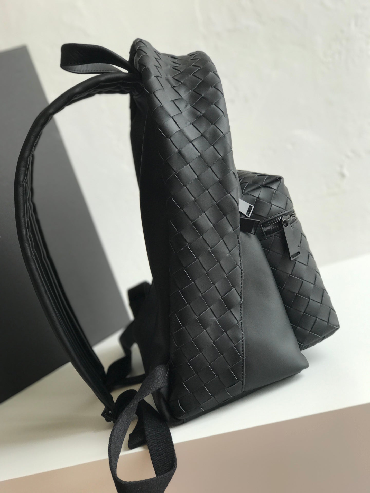 Bottega Veneta SMALL INTRECCIATO 41 BACKPACK IN BLACK CALFSKIN
