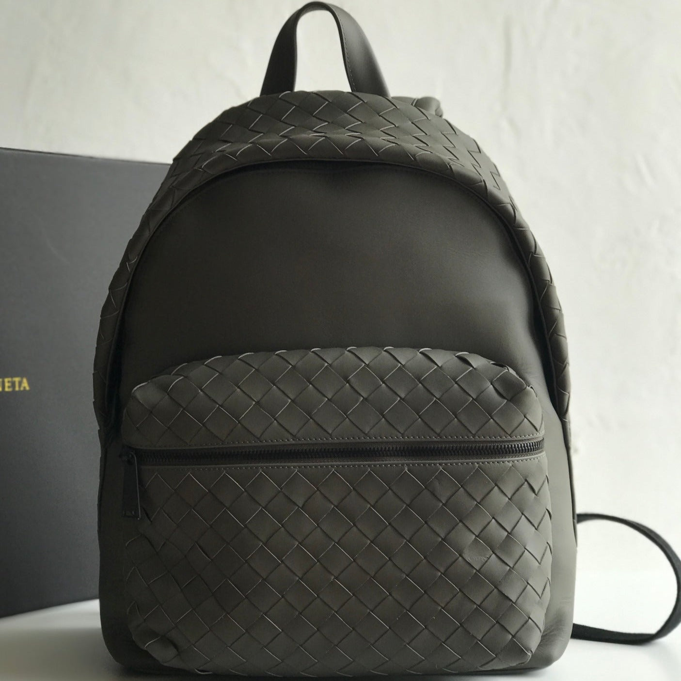 Bottega Veneta SMALL INTRECCIATO 41 BACKPACK IN CHARCOAL BLACK CALFSKIN
