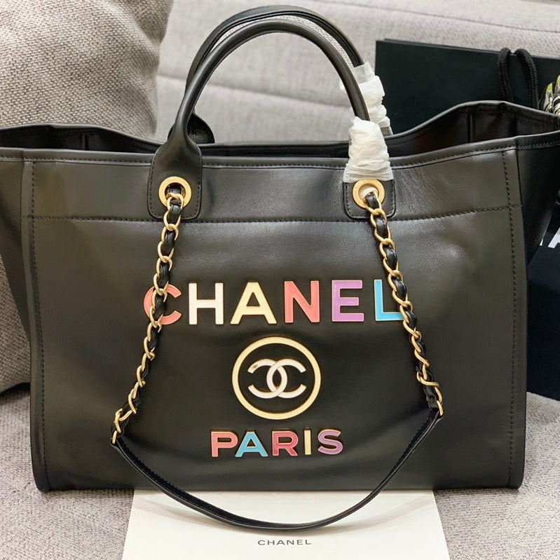 CHANEL DEAUVILLE TOTE BAG 39CM BLACK CALFSKIN MULTICOLOR LOGO