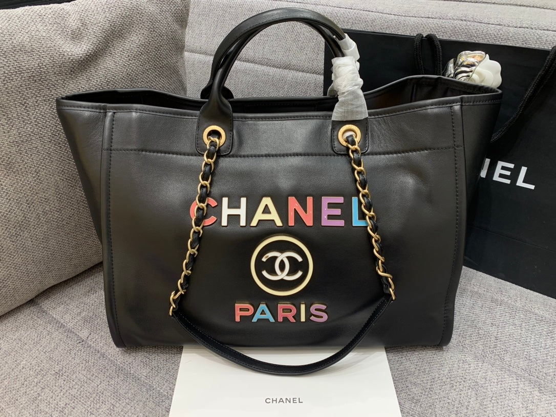 CHANEL DEAUVILLE TOTE BAG 39CM BLACK CALFSKIN MULTICOLOR LOGO